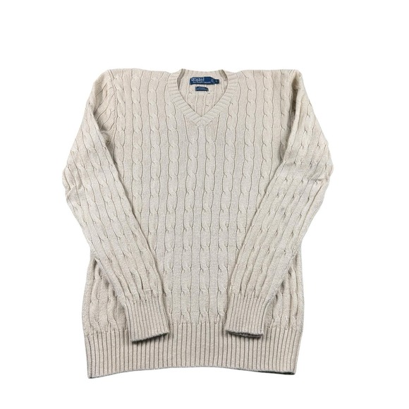 Polo Ralph Lauren Light Tan Silk Cashmere Cableknit V Neck Sweater Size L VTG